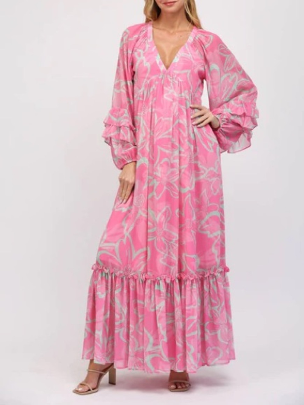 Boutique Pink Floral Maxi Dress, Ruffle Hem and Sleeves, lined, zipper back NWT